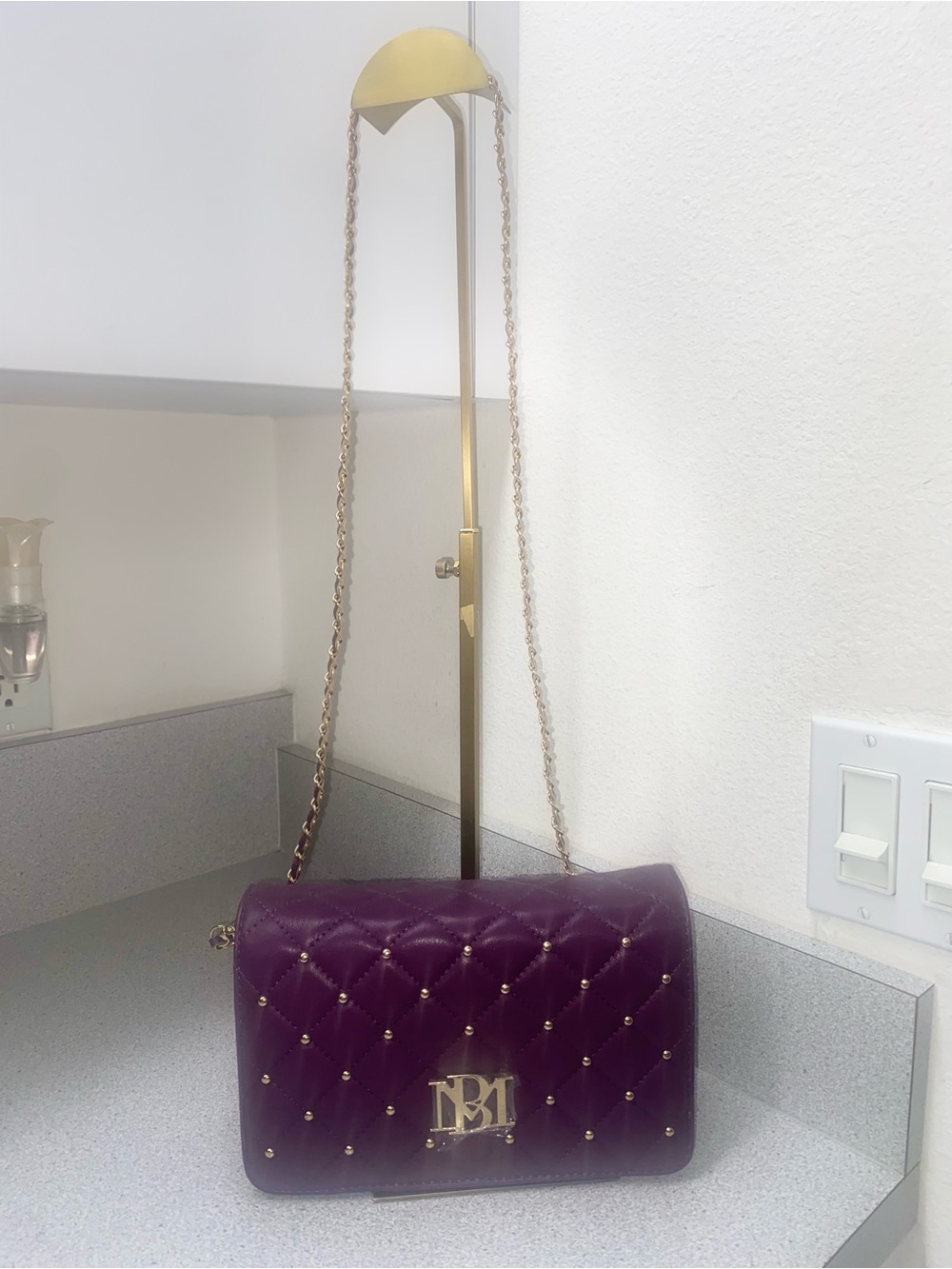 NWT Badgley Mischka Plum Quilted Studded Chain Crossbody Bag